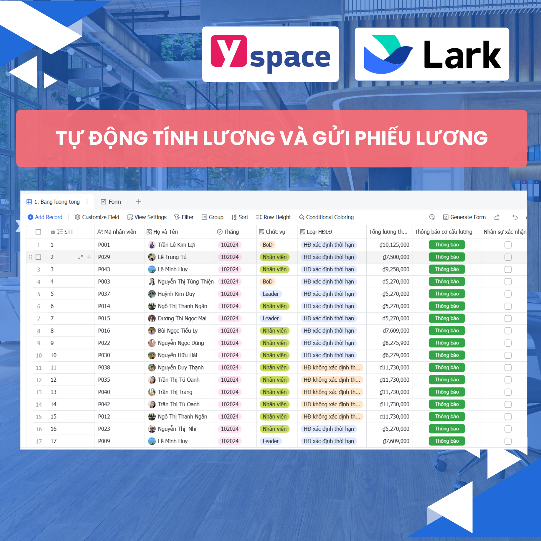 Hệ thống chấm công - tính lương tự động cho phòng nhân sự công ty du lịch trên Lark (Larksuite)